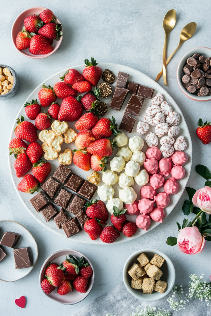 Step-by-step assembly of a healthy Valentine's dessert board showing arrangement of dark chocolate covered fruits, paleo treats, and nutritious snacks