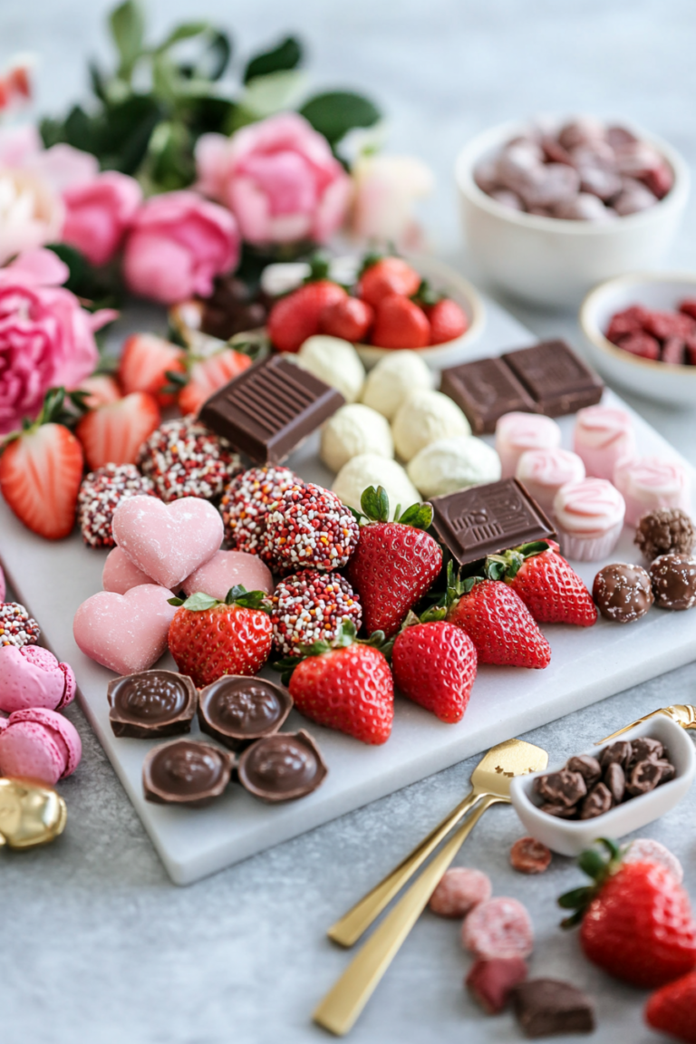 Healthy Valentine's Day dessert board with chocolate covered strawberries, fresh berries, dark chocolate treats, and better-for-you snacks beautifully arranged on a marble board