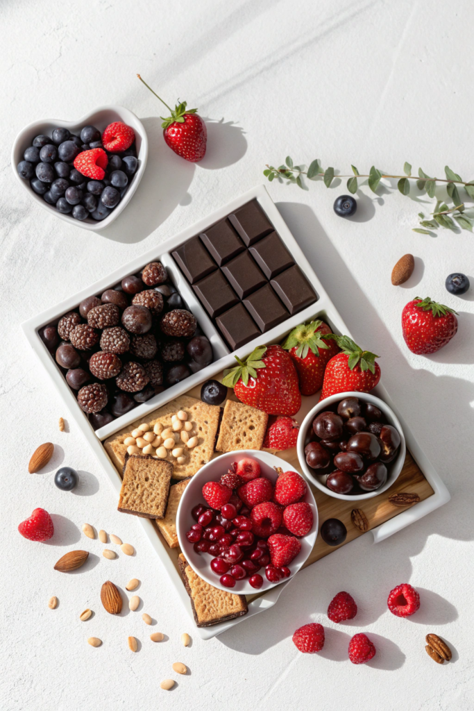 Complete healthy Valentine's Day dessert board featuring Lily's chocolate almonds, fresh raspberries, Smart Sweets gummies, and homemade treats arranged in a heart pattern