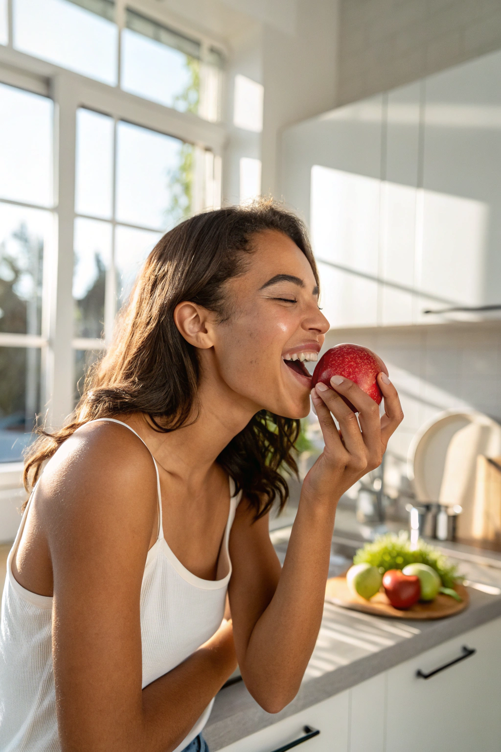 Young woman with bright natural smile biting into a fresh red apple in sunlit modern kitchen, demonstrating everyday dental health habits