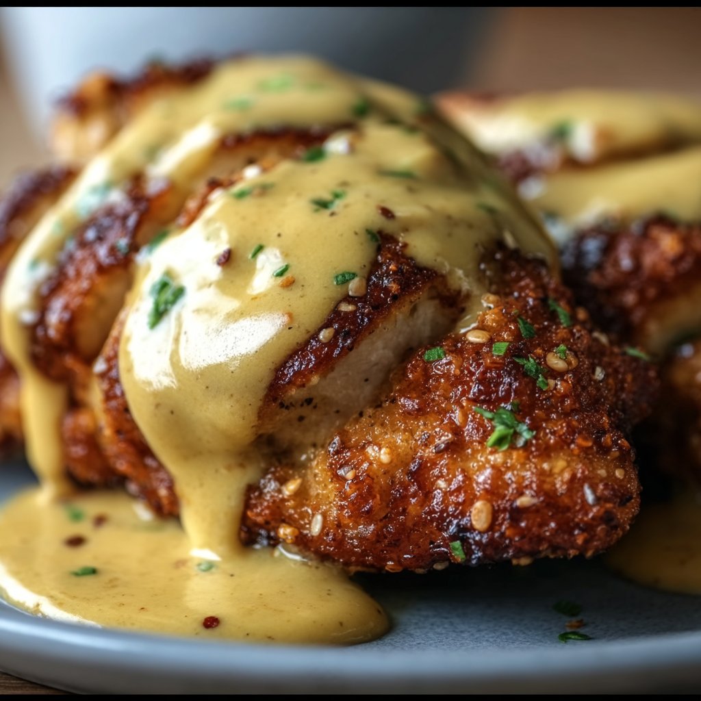 Pretzel Chicken with Mustard-Cheddar Sauce