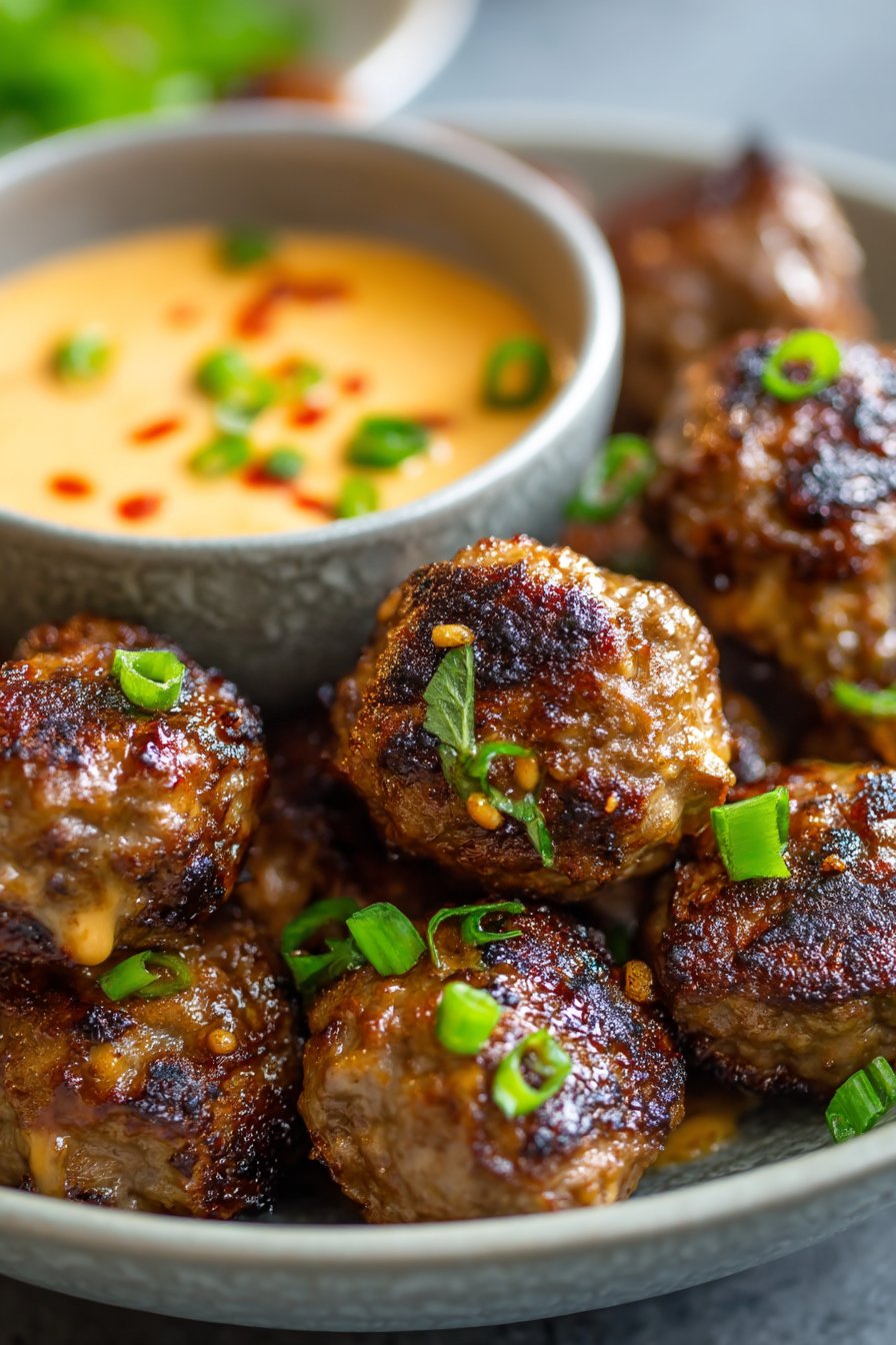 Korean BBQ Meatballs with Spicy Mayo Dip